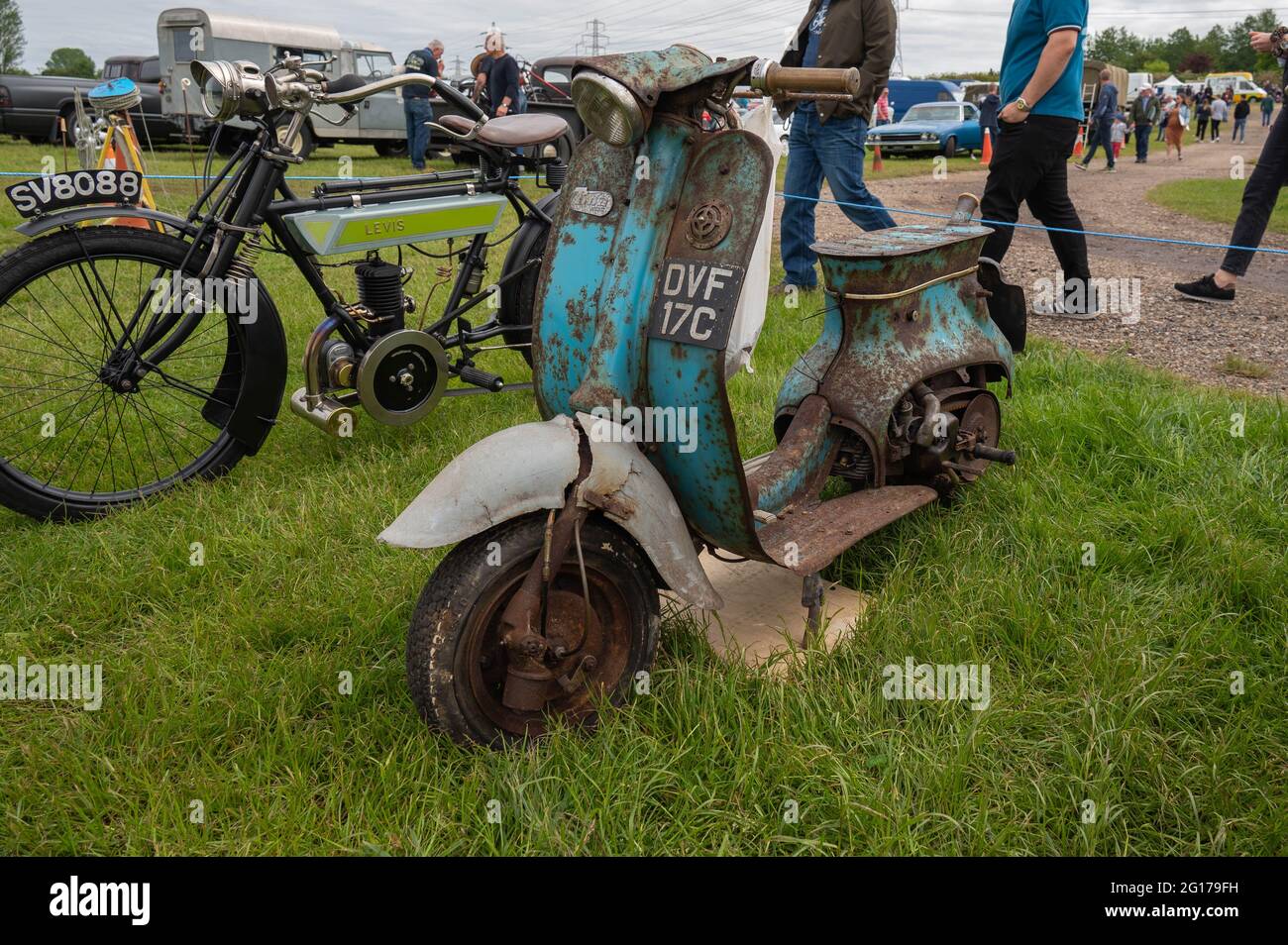 A very old  scooter in very poor condition possibly found in a barn Stock Photo