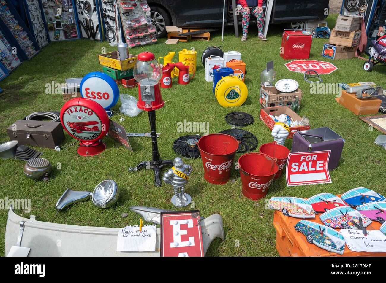 Collectible motoring memorabilia and signs at a classic Norfolk car show 2021 Stock Photo