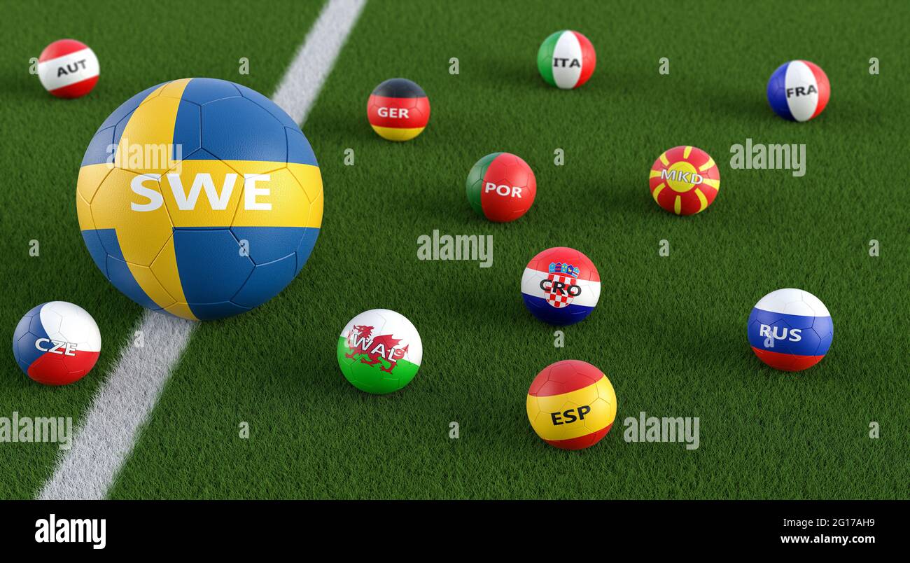 Big Soccer ball in Sweden national colors surrounded by smaller soccer