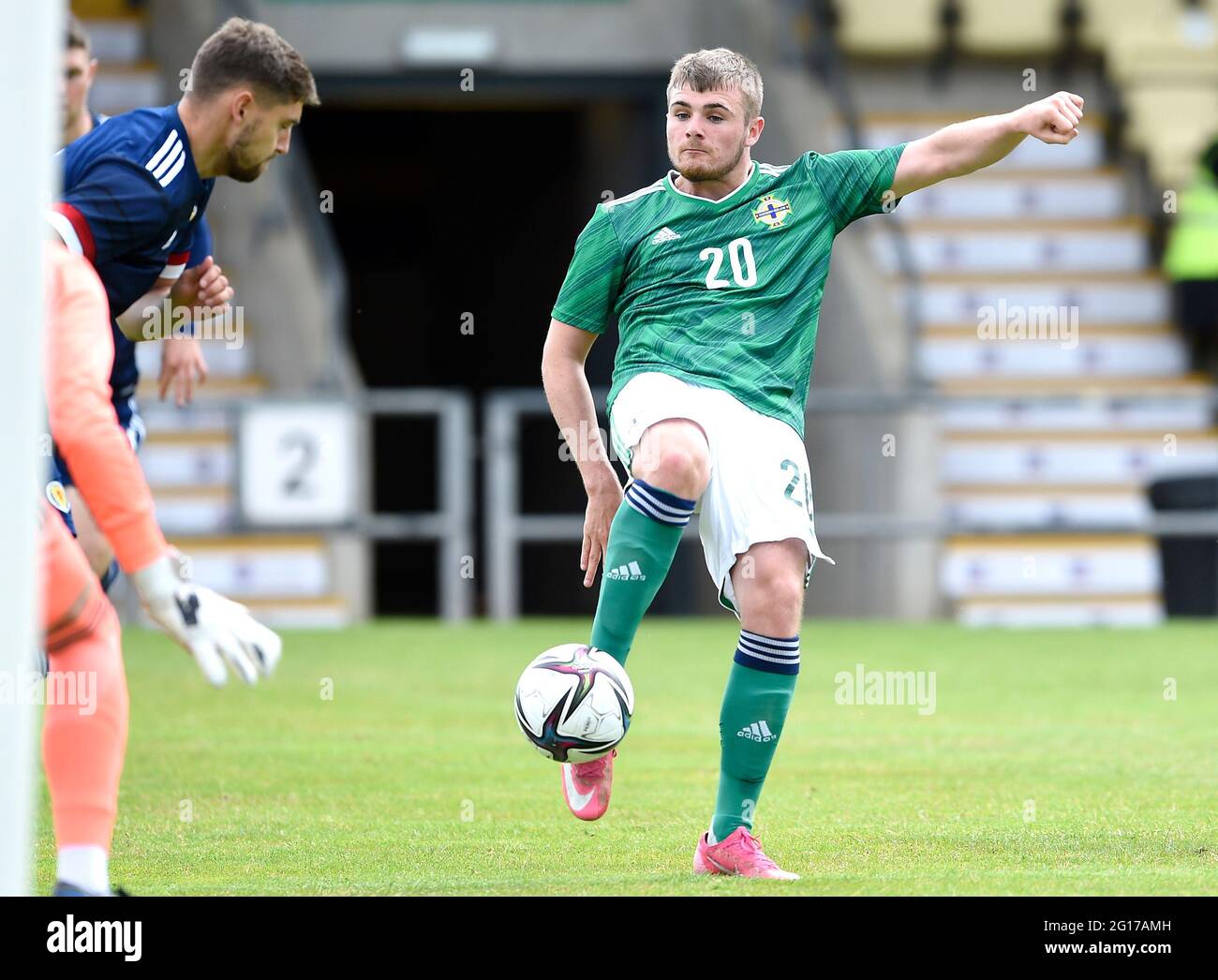 Northern Ireland's Ryan Waide scores their side's second goal of the game during the International Friendly at C&G Systems Stadium, Dumbarton. Picture date: Saturday June 5, 2021. Stock Photo