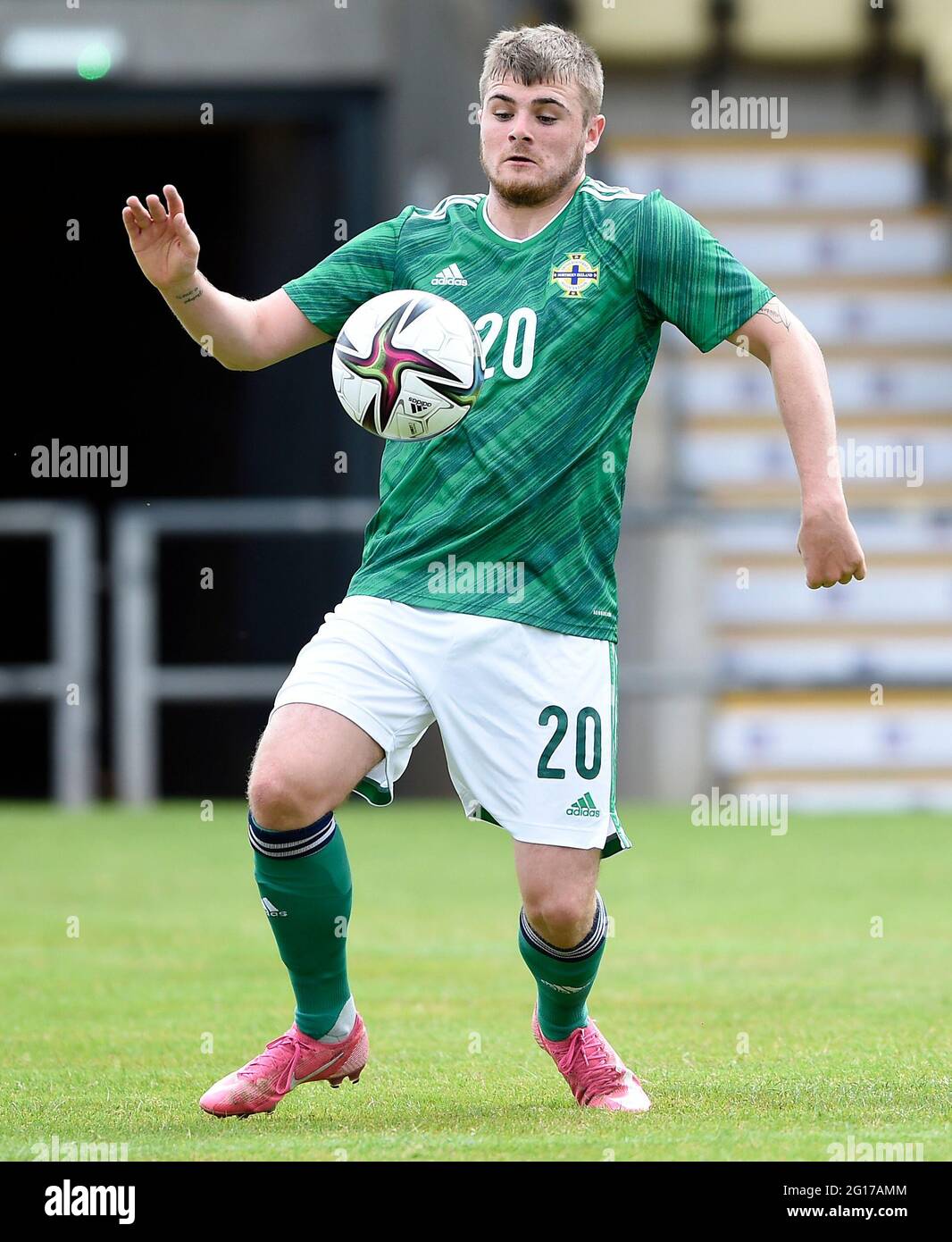 Northern Ireland's Ryan Waide controls the ball before scoring his side's second goal of the game during the International Friendly at C&G Systems Stadium, Dumbarton. Picture date: Saturday June 5, 2021. Stock Photo