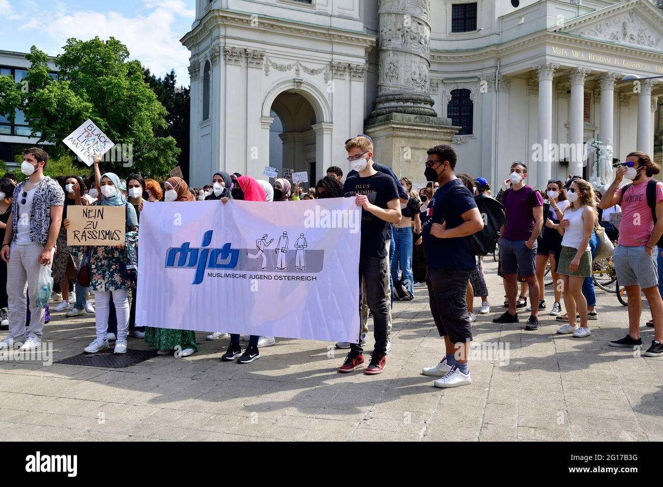 Vienna, Austria. 5th June, 2021. Black Lives Still Matter demonstration in Vienna on June 5th, 2021. Blackboard with the inscription 'No to Racism', Muslim Youth Austria.   Credit: Franz Perc / Alamy Live News Stock Photo