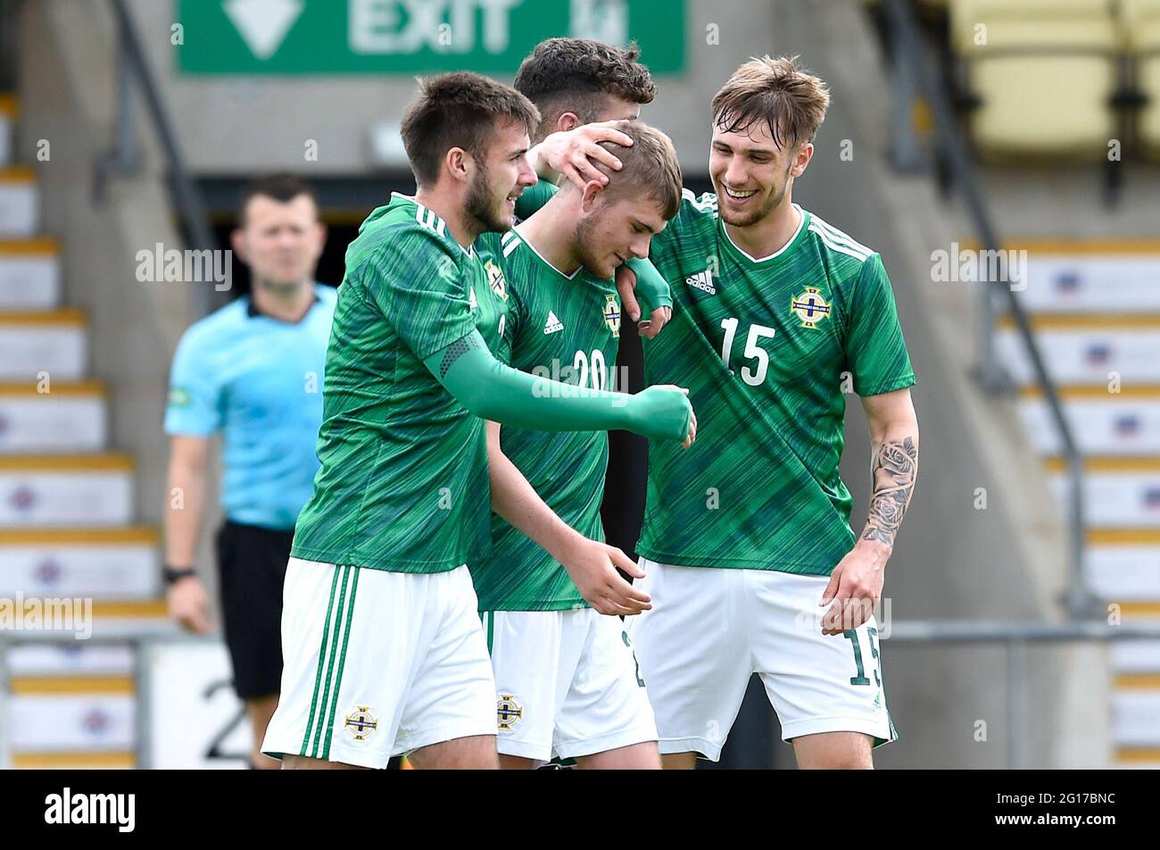 Northern Ireland's Ryan Waide (centre) celebrates scoring their side's second goal of the game with team-mates during the International Friendly at C&G Systems Stadium, Dumbarton. Picture date: Saturday June 5, 2021. Stock Photo