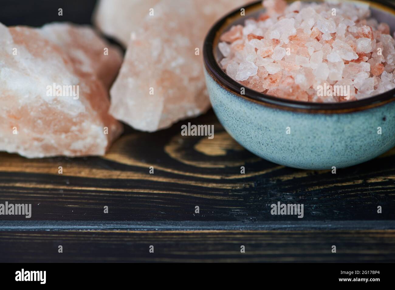 pink salt in a ceramic bowl with copy space Stock Photo