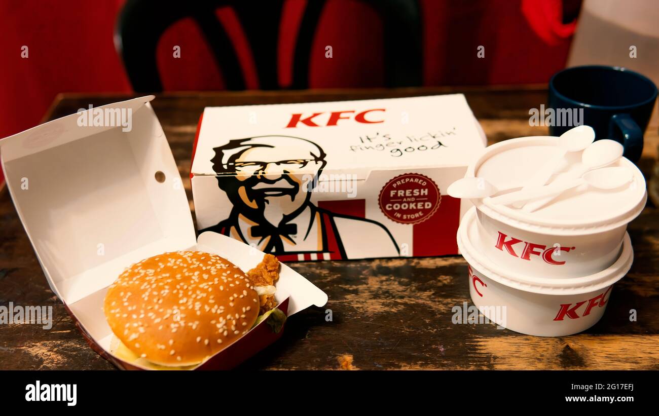 Rawang, Selangor, Malaysia, 5th June 2021- Kentucky Fried Chicken (KFC) restaurant. KFC is a fast food restaurant chain that specializes in fried chic Stock Photo