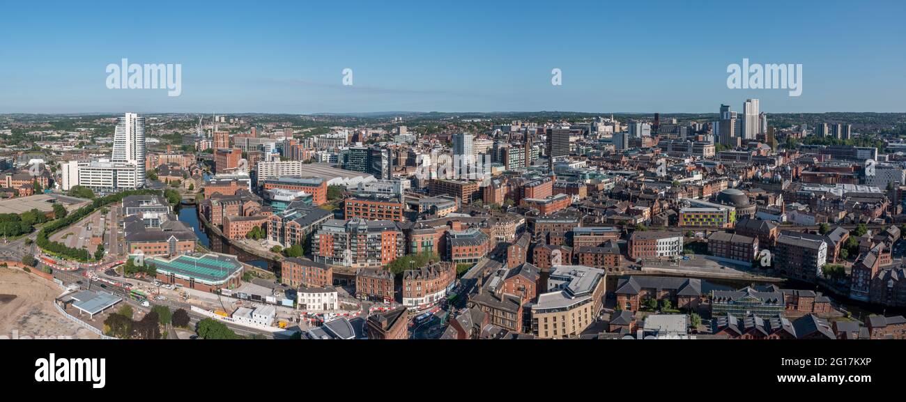 Bridgewater place and an Aerial view of Leeds City Centre from  the south looking back to the train station and offices, apartments and retail. Stock Photo
