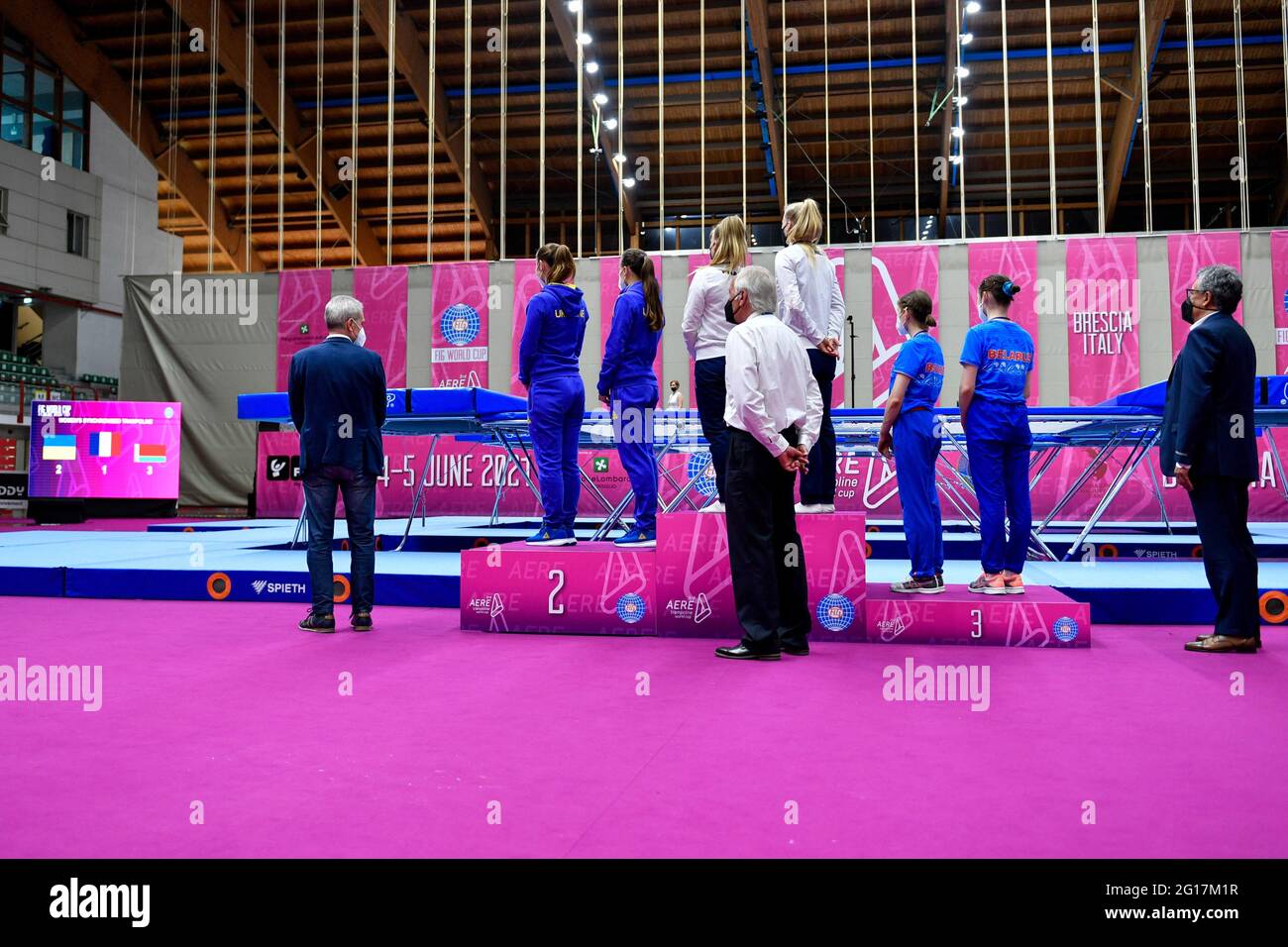 San Filippo Sport center, Brescia, Italy, 05 Jun 2021, Women's Synchronised Podium Lea LABROUSSE - Marine JUBERT Maryna KYIKO - Anna BAKUNOVYTSKA and Viktoryia KUIDAN - Katsiaryna YARSHOVA during Trampoline World Cup 2021 - Synchro Women, Gymnastics - Photo Alessio Marini / LM Stock Photo