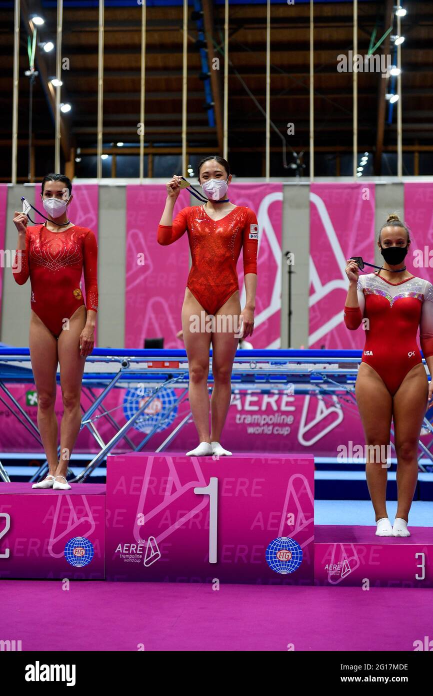 Brescia, Italy. 05th June, 2021. Women's Individual Podium Hikaru MORI JPN,  Anna KORNETSKATA RUS, Nicole AHSINGER USA during Trampoline World Cup  individual, Gymnastics in Brescia, Italy, June 05 2021 Credit: Independent  Photo