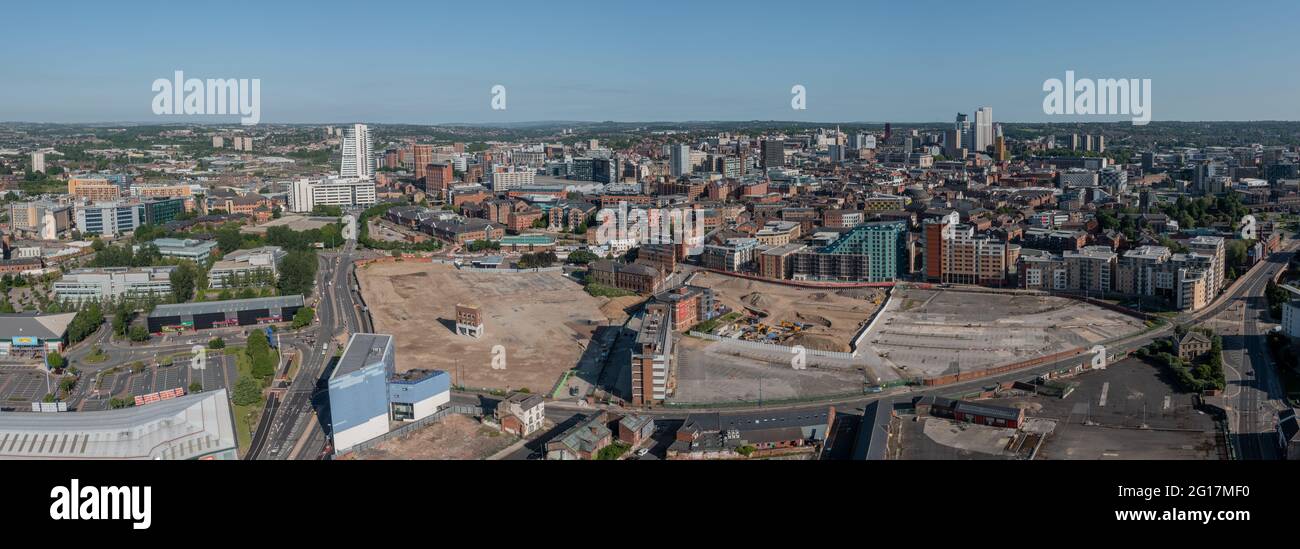 Bridgewater place and an Aerial view of Leeds City Centre from  the south looking back to the train station and offices, apartments and retail. Stock Photo