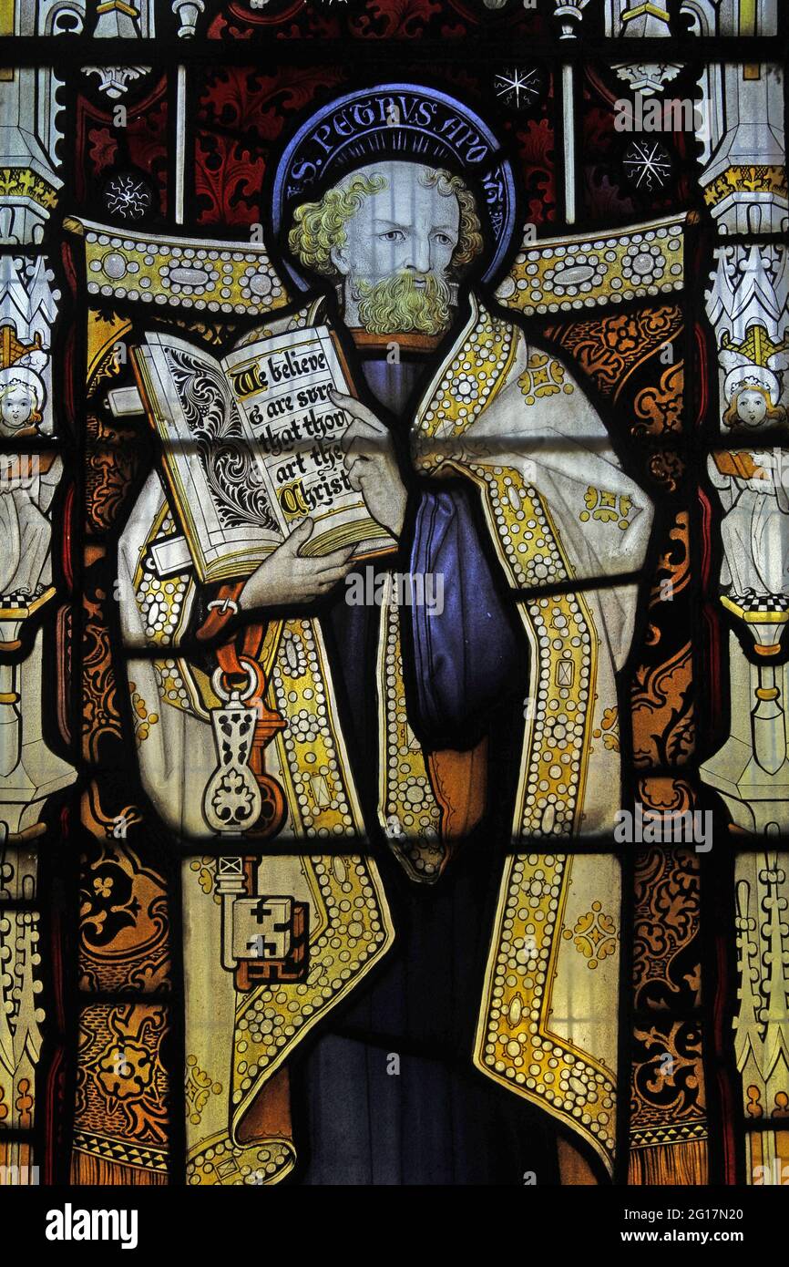 Stained glass window by Herbert Bryans depicting St Peter, St Leonard's Church, Rockingham, Northamptonshire Stock Photo