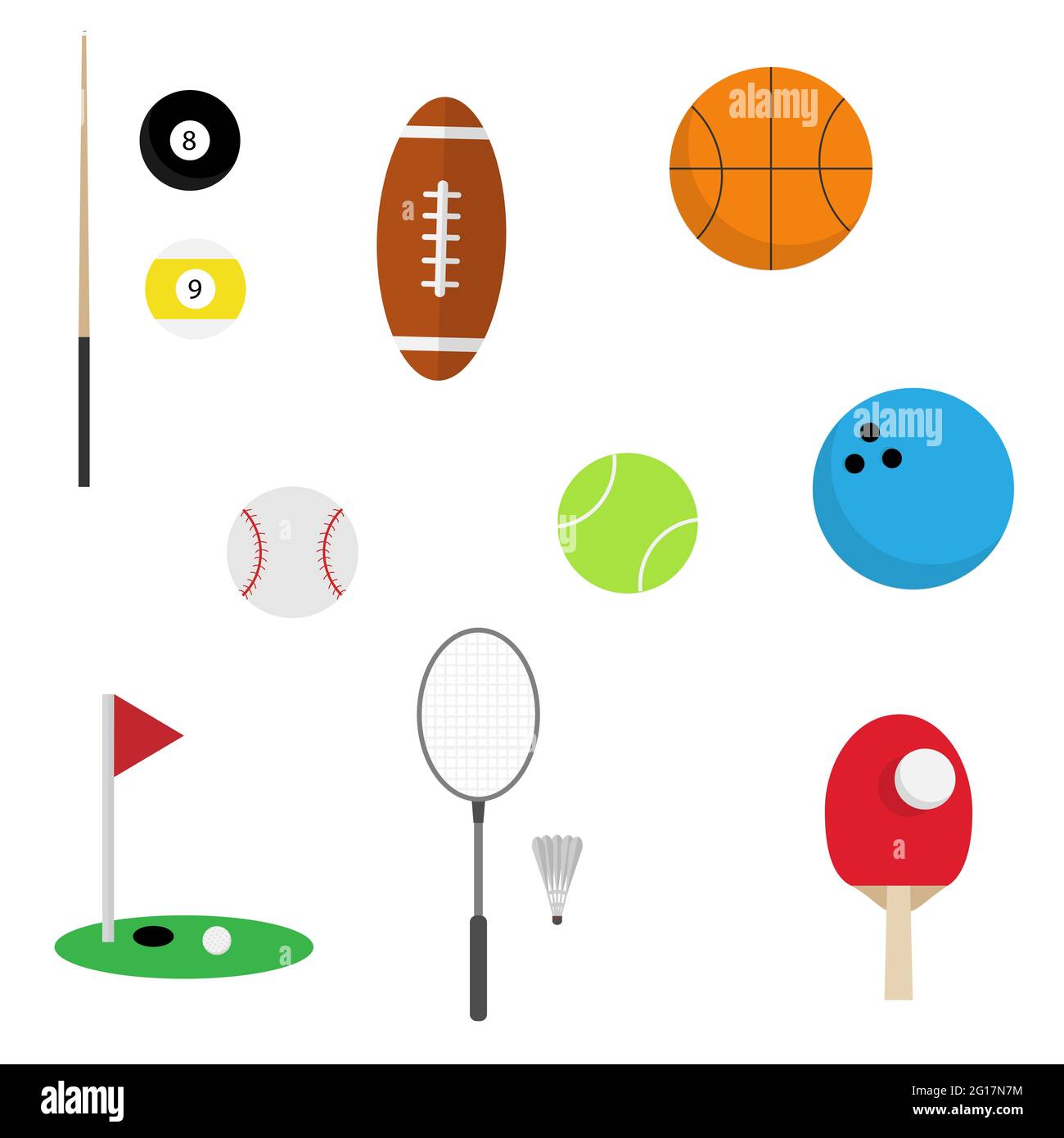 Set of sports equipment like balls and raquets Stock Photo