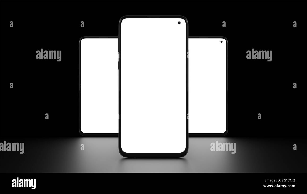 Mockup of three cell phones with front view and black background ...