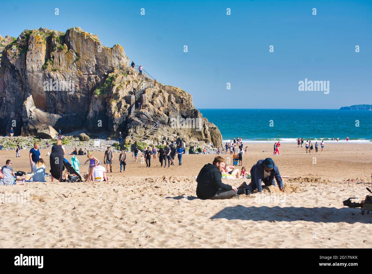 Busy beach in Tenby,Wales. Stock Photo