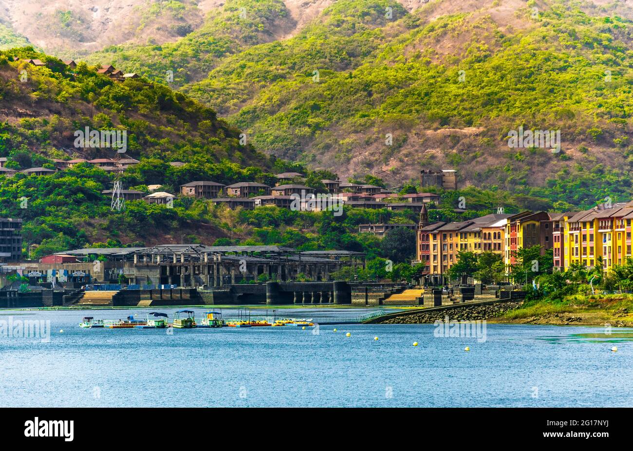 Lavasa is a private, planned city built near Pune. It is stylistically based on the Italian town Portofino, with a street and several buildings bearin Stock Photo