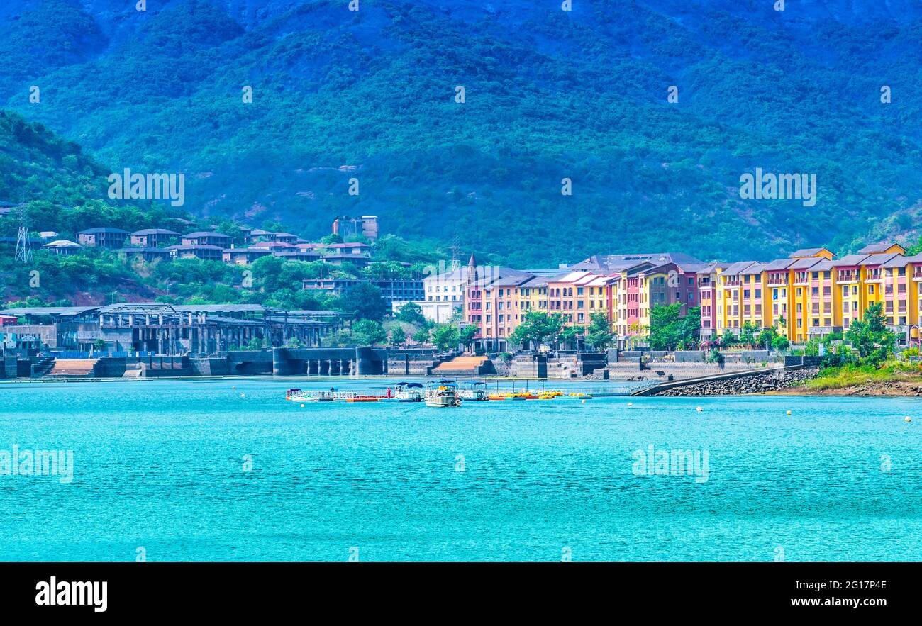 Lavasa is a private, planned city built near Pune. It is stylistically based on the Italian town Portofino, with a street and several buildings bearin Stock Photo
