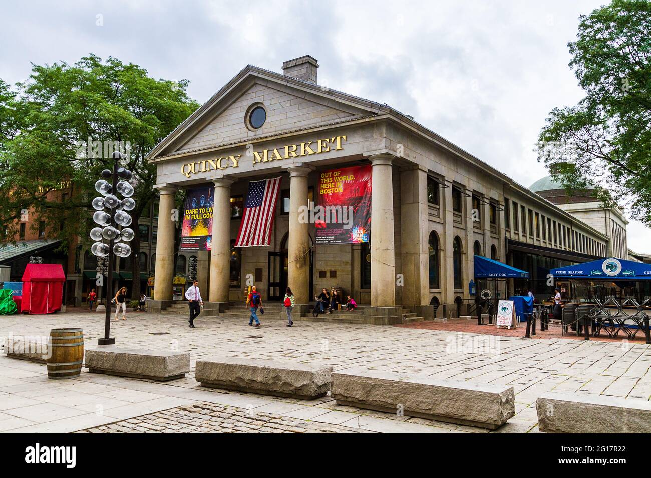 West side of Quincy Market and people walking around Stock Photo