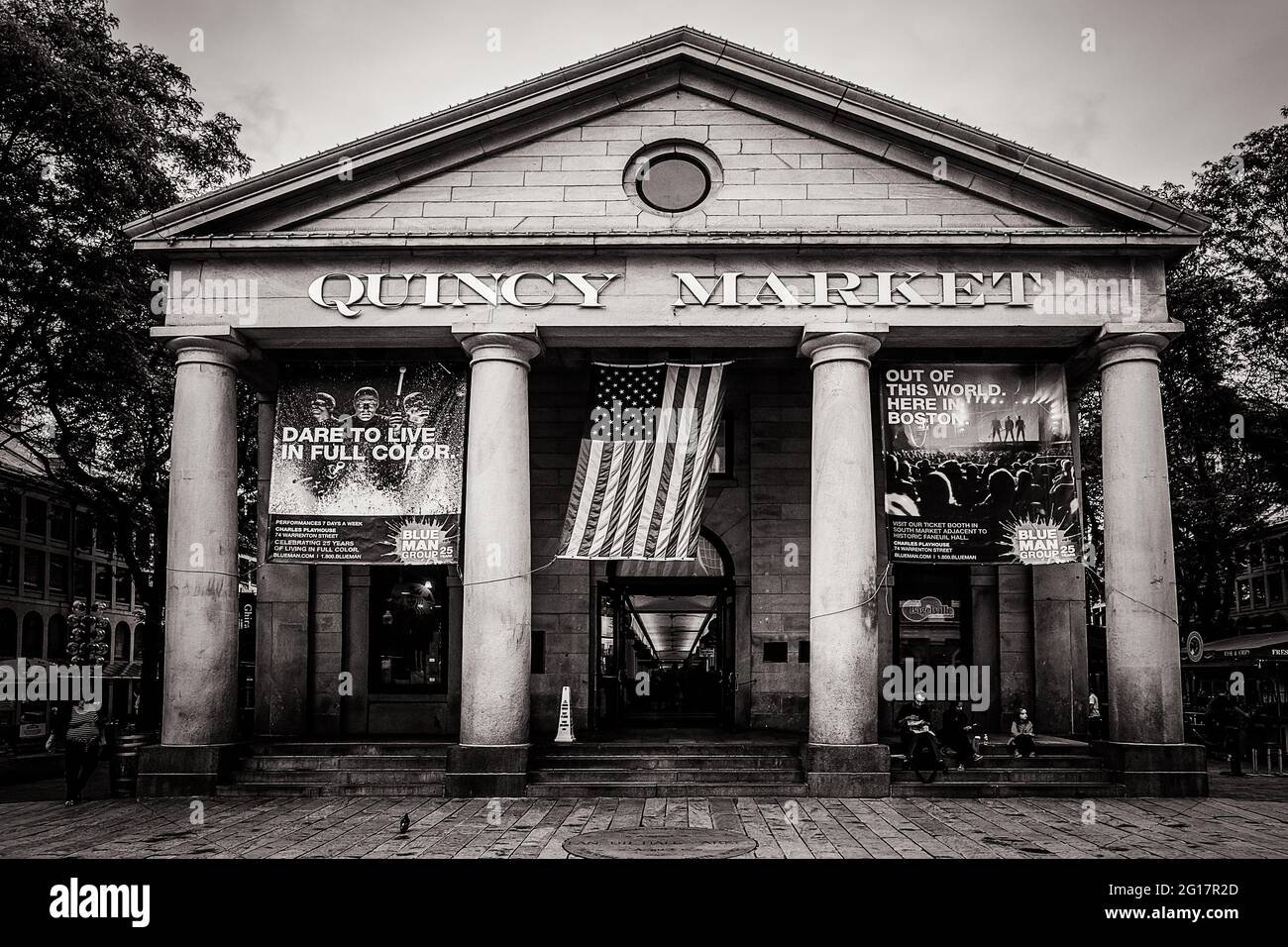 Front side of Quincy Market in Boston in black and white Stock Photo