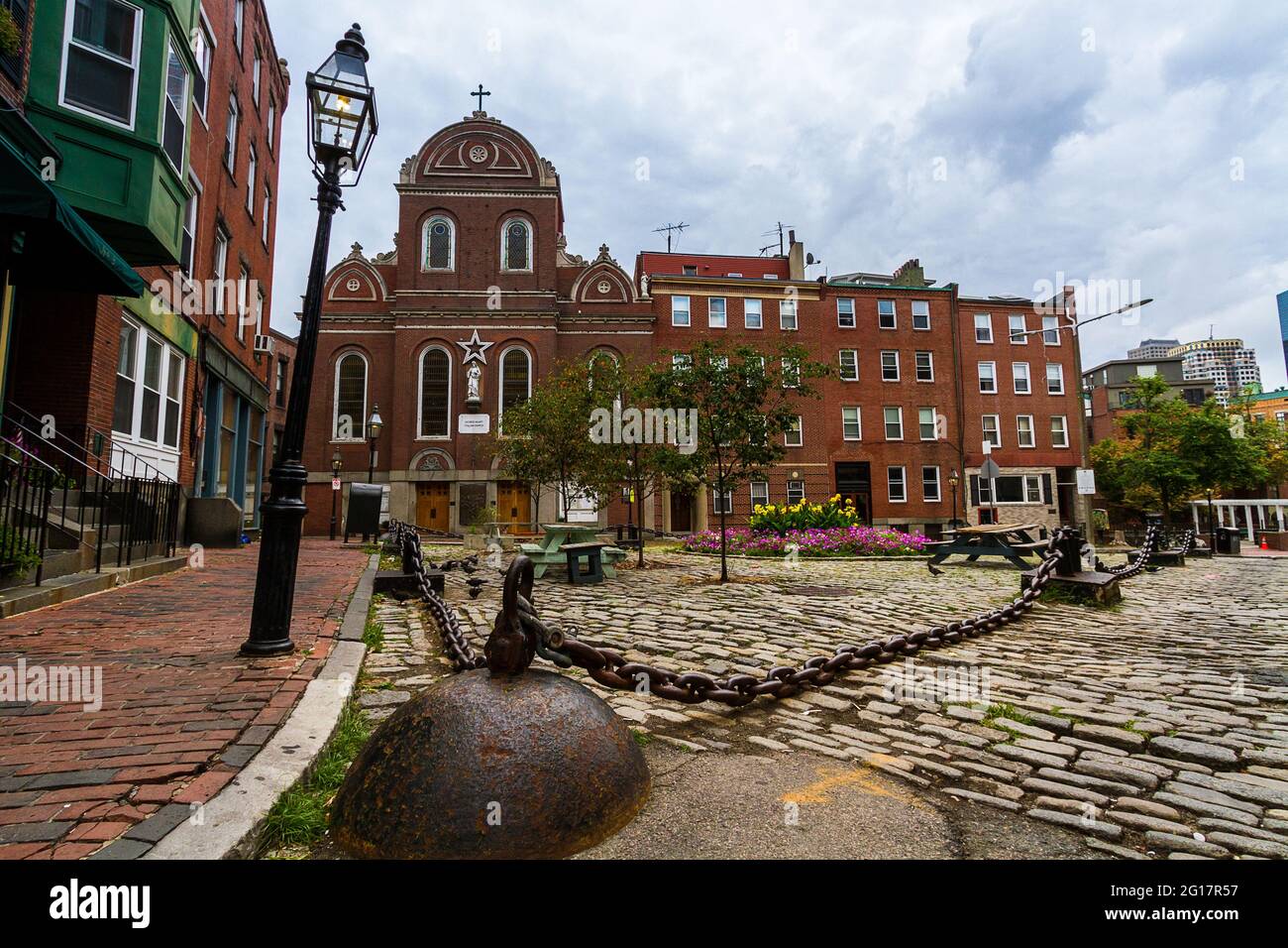 Wide angle image of North Square with Sacred Heart Italian Church Stock Photo
