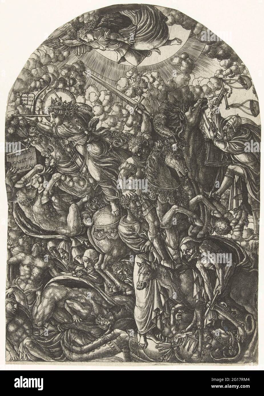 Four riders from the apocalypse; Revelation. The four riders from the Apocalypse: victory with crown and arrow and bow, war with a raised sword, hungry waves with a scales and death with a trident. They trample people. Fourded from a series of 23 with John's revelations. Stock Photo