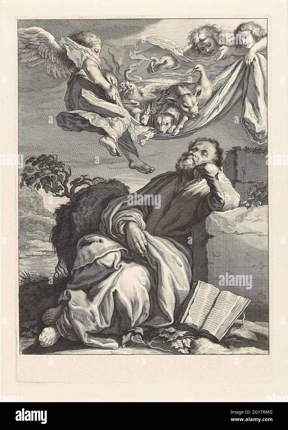 Vision of Petrus. Peter is wearing a rock in a mountainous landscape. Next to him is a sloped book and above him three angels hold a sheet with all kinds of unclean animals. Stock Photo