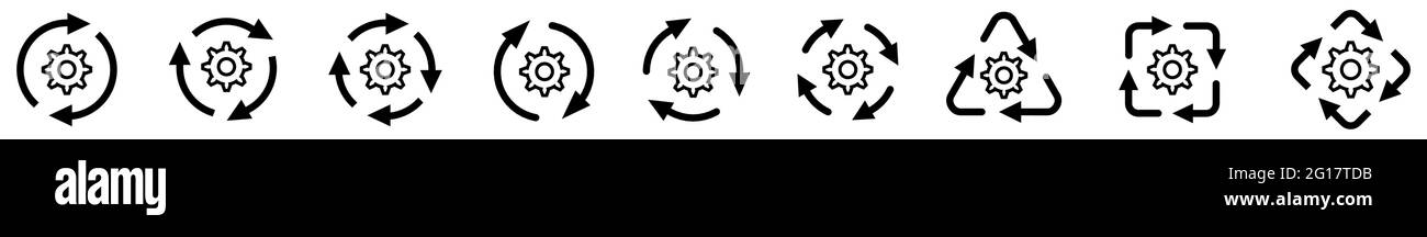 Gears cogwheel icon in arrows forming cycle, two three and four arrow version. Change or loop concept Stock Vector