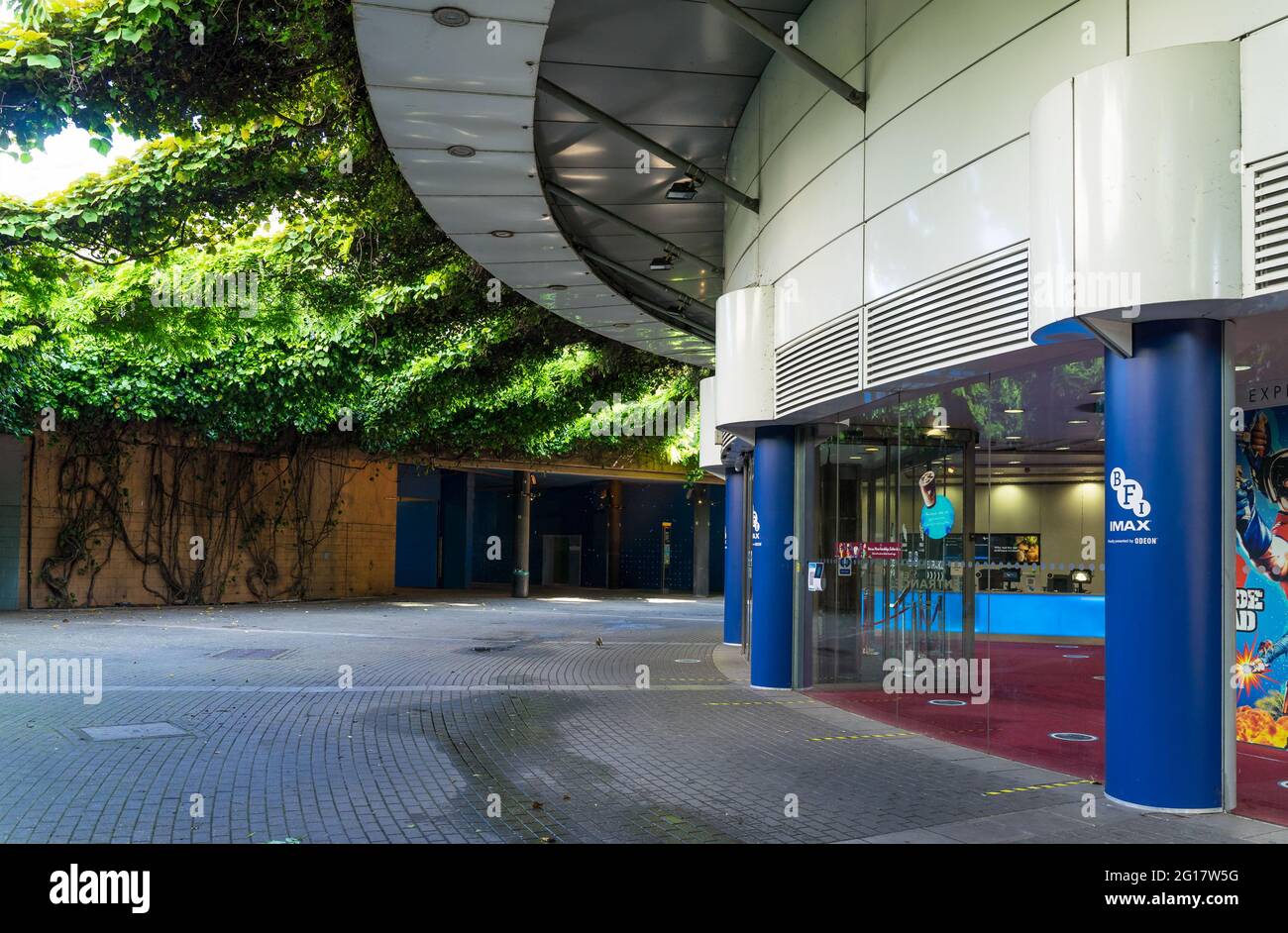 The overgrown and dingy underground entrance to the Odeon BFI IMAX Cinema at Waterloo. London - 5th June 2021 Stock Photo