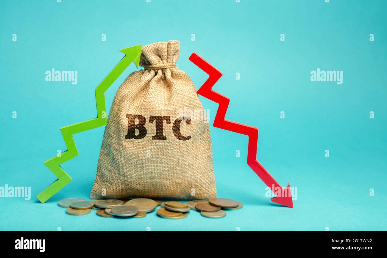 BTC money bag and up and down arrow. Cryptocurrency concept. Decentralized  digital currency. Blockchain. The rise and fall of bitcoin. Technologies  Stock Photo - Alamy