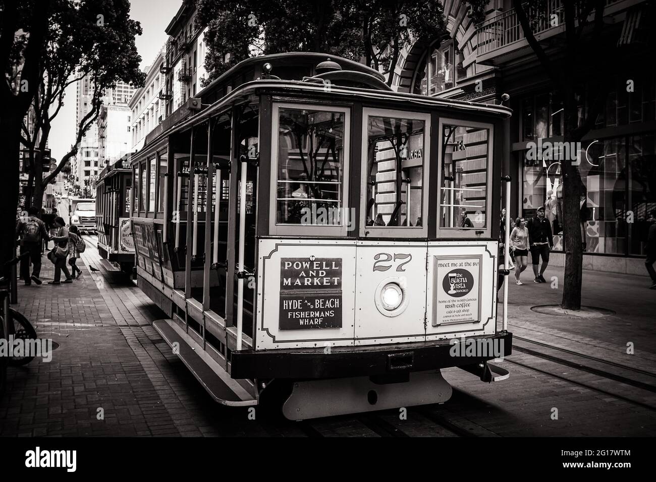 Close up of the Powell and Market cable car in black and white Stock Photo