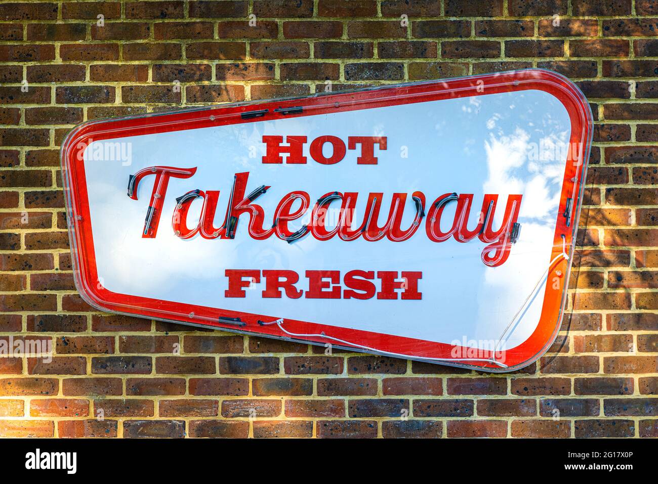 Hot Fresh Takeaway Food Sign on a brick wall Stock Photo