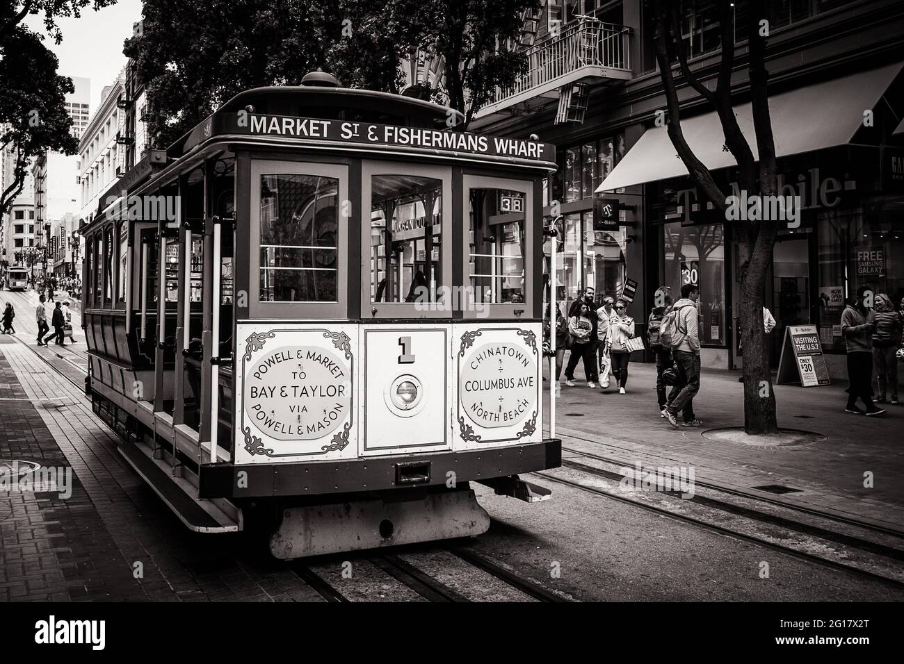 Black andwhite image of the iconic cable car in San Francisco Stock Photo