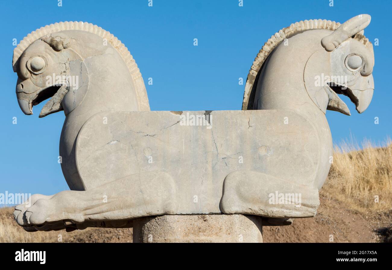 Griffin-like Huma bird capital statuary, from about 500 BC in  Persepolis, Fars Province, Iran Stock Photo