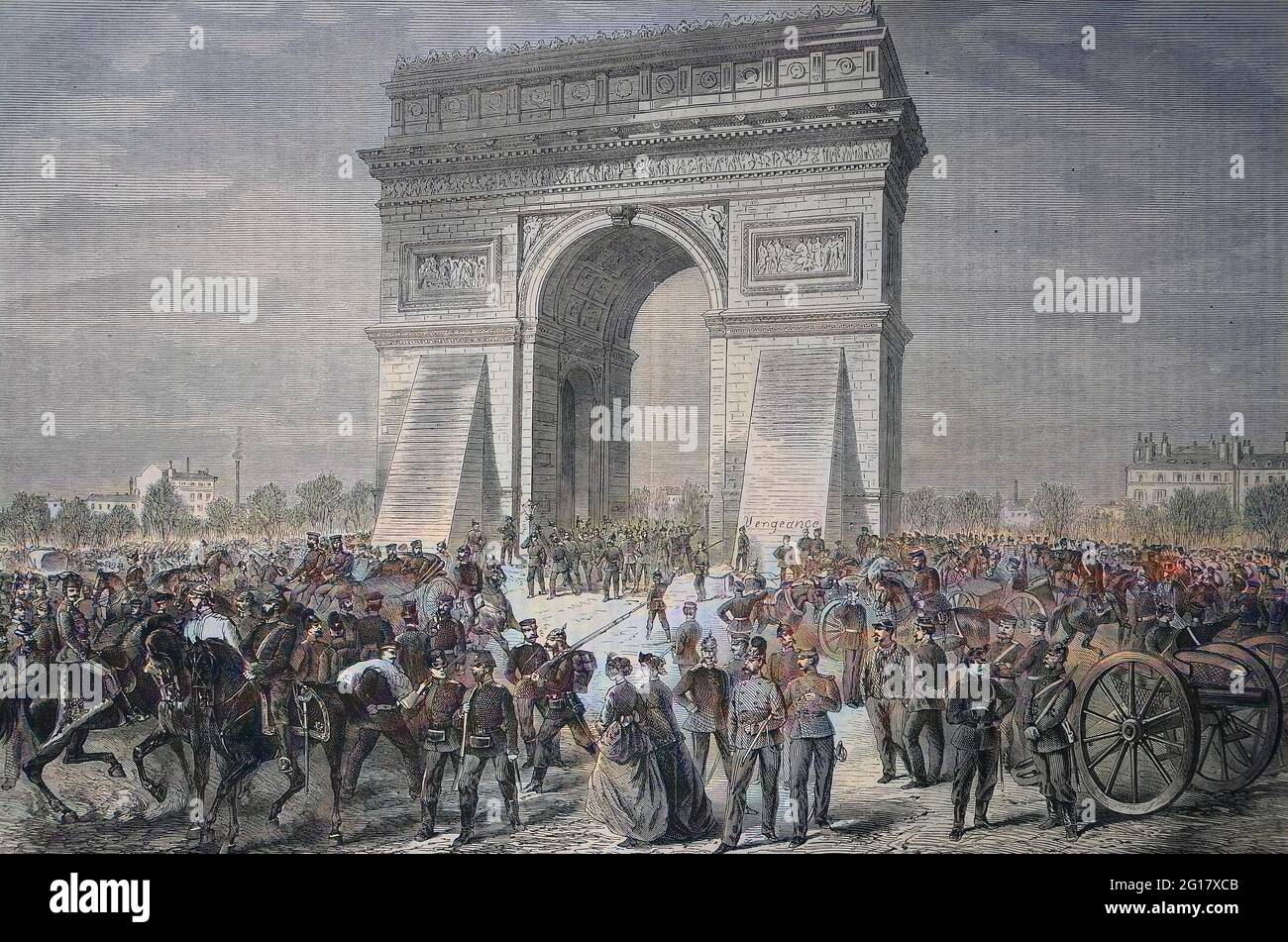 On the triumphal arch in Paris, during the stay of the German soldiers on March 2, 1871, France  /  Auf dem Triumphbogen in Paris, während des Aufenthalts der deutschen Soldaten am 2. März 1871, Frankreich, historical, digital improved reproduction of an original from the 19th century / digitale Reproduktion einer Originalvorlage aus dem 19. Jahrhundert, Originaldatum nicht bekannt, Kolorierung, koloriert, handkoloriert, Hand-colouring, hand coloured, colored Stock Photo