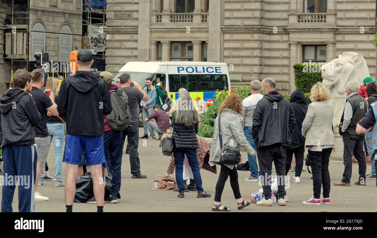 Glasgow, Scotland, UK, 5TH June, 2021. Protest in George square  the regular anti establishment, anti vaxx  demo watched over by police closely. Credit: Gerard Ferry/Alamy Live News Stock Photo