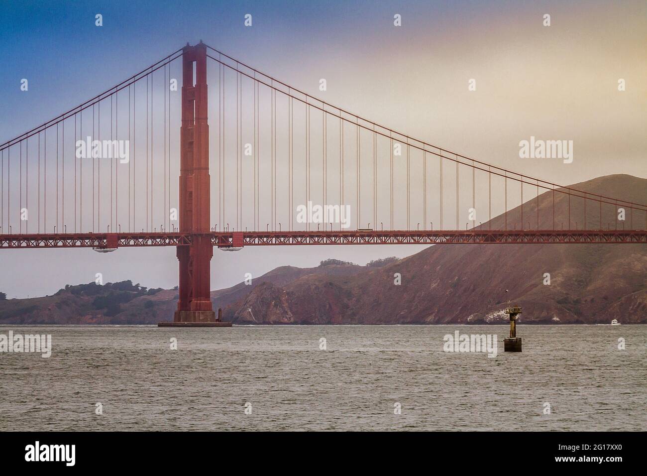 Close up of the Golden Gate Bridge on a foggy and cloudy day Stock Photo