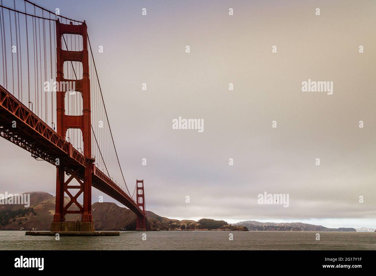 Wide angle image of the Golden Gate Bridge in San Francisco on a stormy day Stock Photo