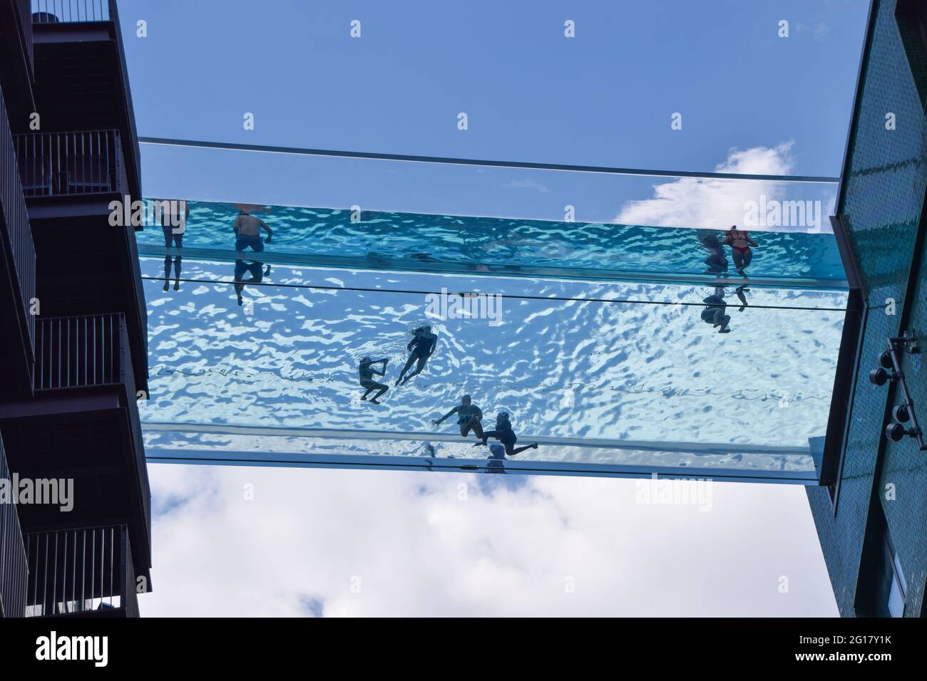 London United Kingdom 5th June 21 People In The Newly Opened Sky Pool A Swimming Pool Suspended 35 Metres Above Ground Between Two Apartment Buildings Next To The Us Embassy In Nine London United Kingdom 5th June 21 People In The Newly Opened Sky Pool A Swimming Pool Suspended 35 Metres Above Ground Between Two Apartment Buildings Next To The Us Embassy In Nine
