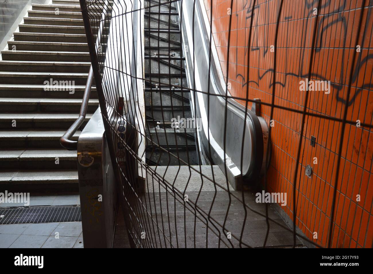 An escalator with its steps removed - Messedamm, Berlin, Germany - 4th June 2021. Stock Photo