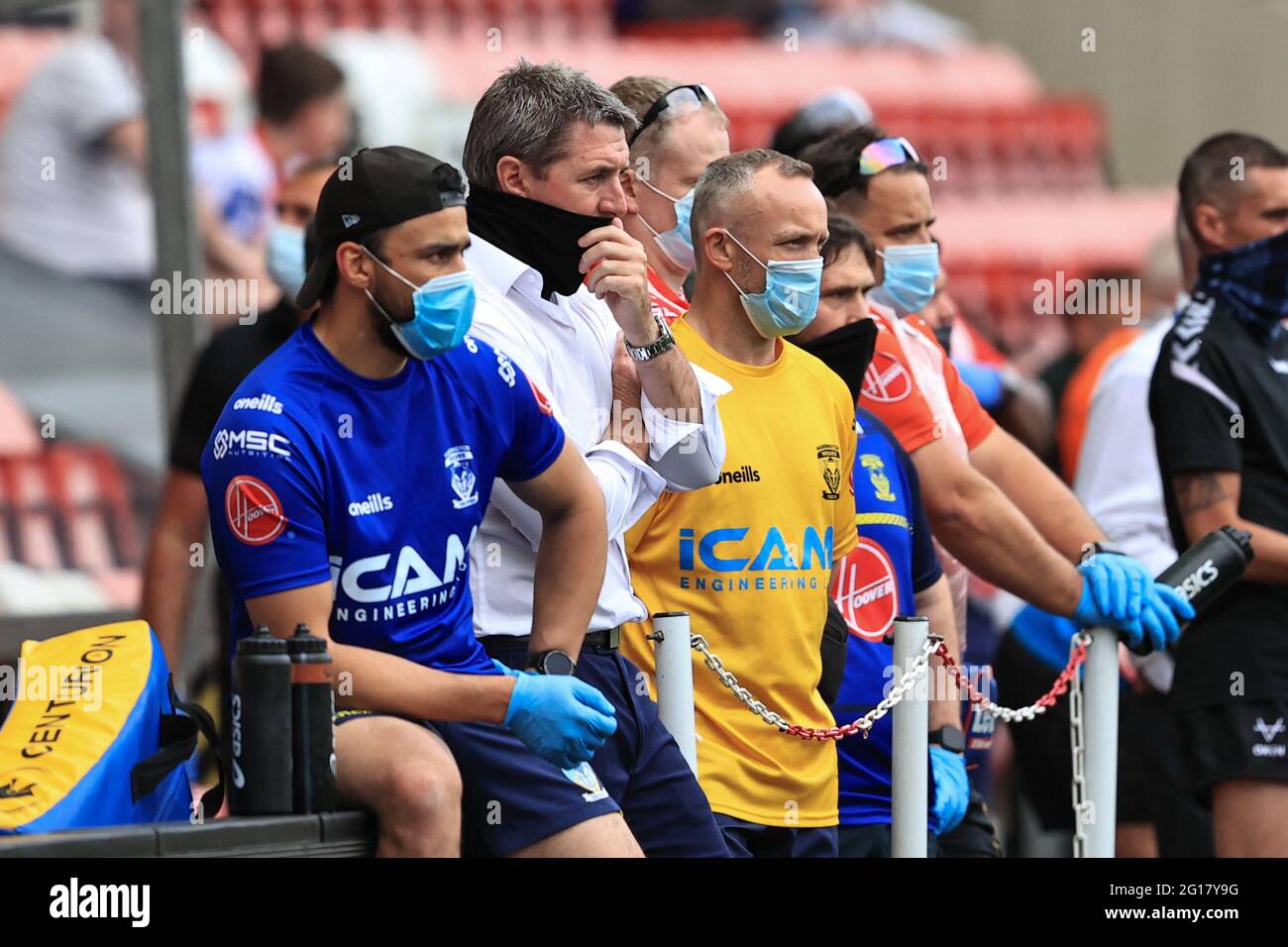 Leigh, UK. 05th June, 2021. Steve Price Head Coach of Warrington Wolves looks on from the touch line with assistant coach Andrew Henderson in Leigh, United Kingdom on 6/5/2021. (Photo by Mark Cosgrove/News Images/Sipa USA) Credit: Sipa USA/Alamy Live News Stock Photo