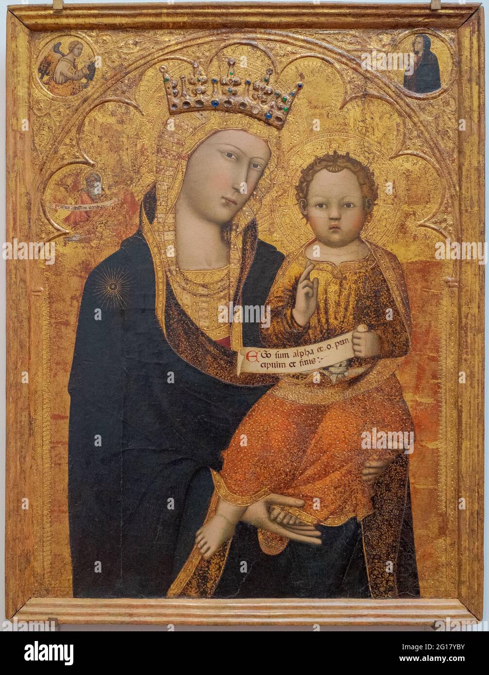 Andrea Vanni, Madonna and Child with saint Luke Evangelist, 1390, tempera and gold on wood panel, Uffizi Galleries, Florence, Italy. Stock Photo