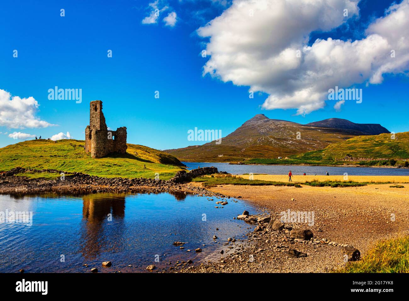 Ruins of 16th century Ardvreck Castle  on a rocky promontory on   Loch Assynt, built by the Macleod Clan,  on the scenic NC 500 Sutherland, Scotland Stock Photo