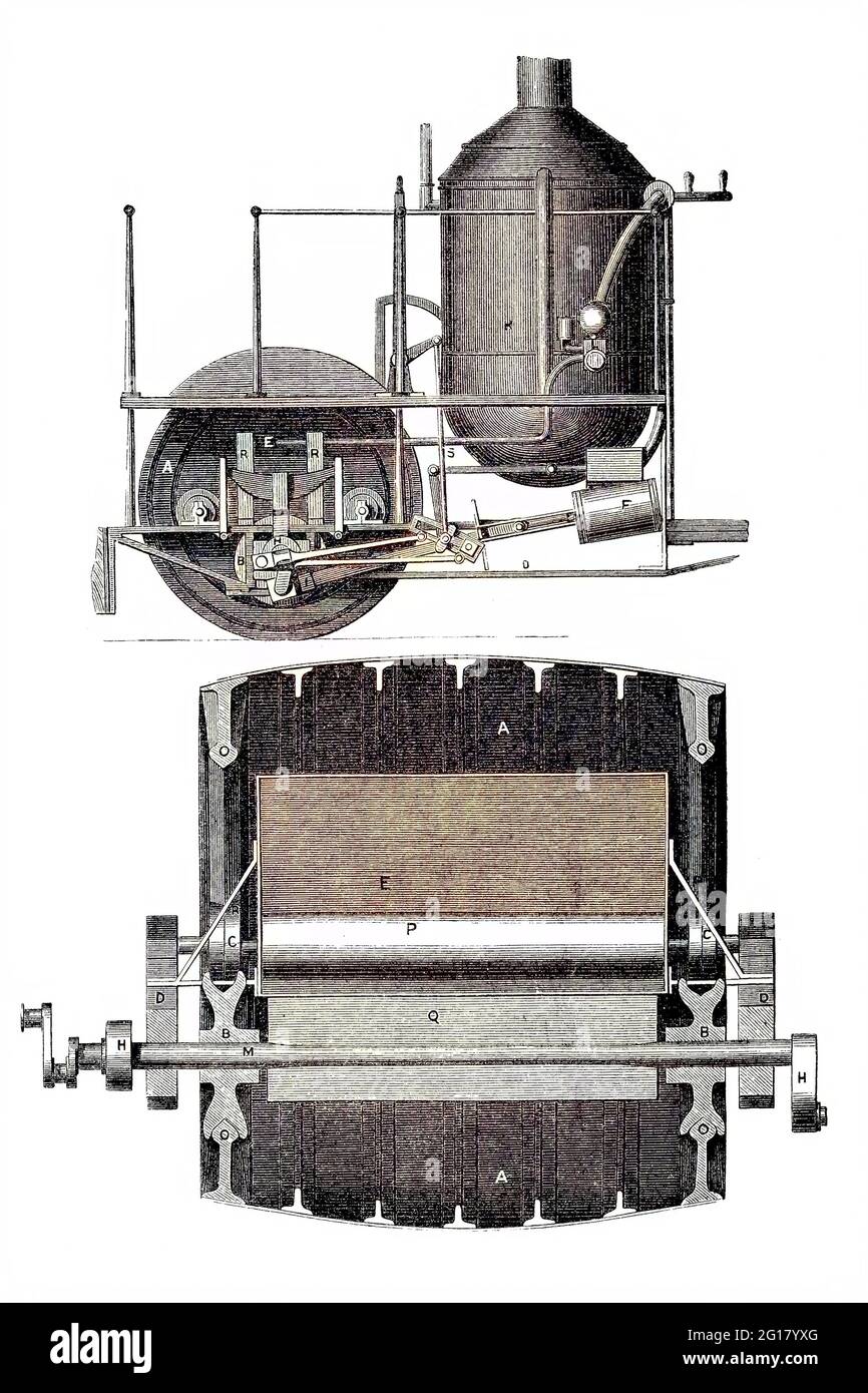 Construction drawings of the steam traction engine of Simon Stevens, vertical view and side view of the tractor for omnibuses and other cars for the road, industrial product from the year 1880  /  Konstruktionszeichnungen der Dampftraktionsmaschine von Simon Stevens, Senkrecht- und Seitenansicht der Zugmaschine für Omnibusse und andere Wagen für die Straße, Industrieprodukt aus dem Jahr 1880, historical, digital improved reproduction of an original from the 19th century / digitale Reproduktion einer Originalvorlage aus dem 19. Jahrhundert, Originaldatum nicht bekannt, Kolorierung, koloriert, h Stock Photo