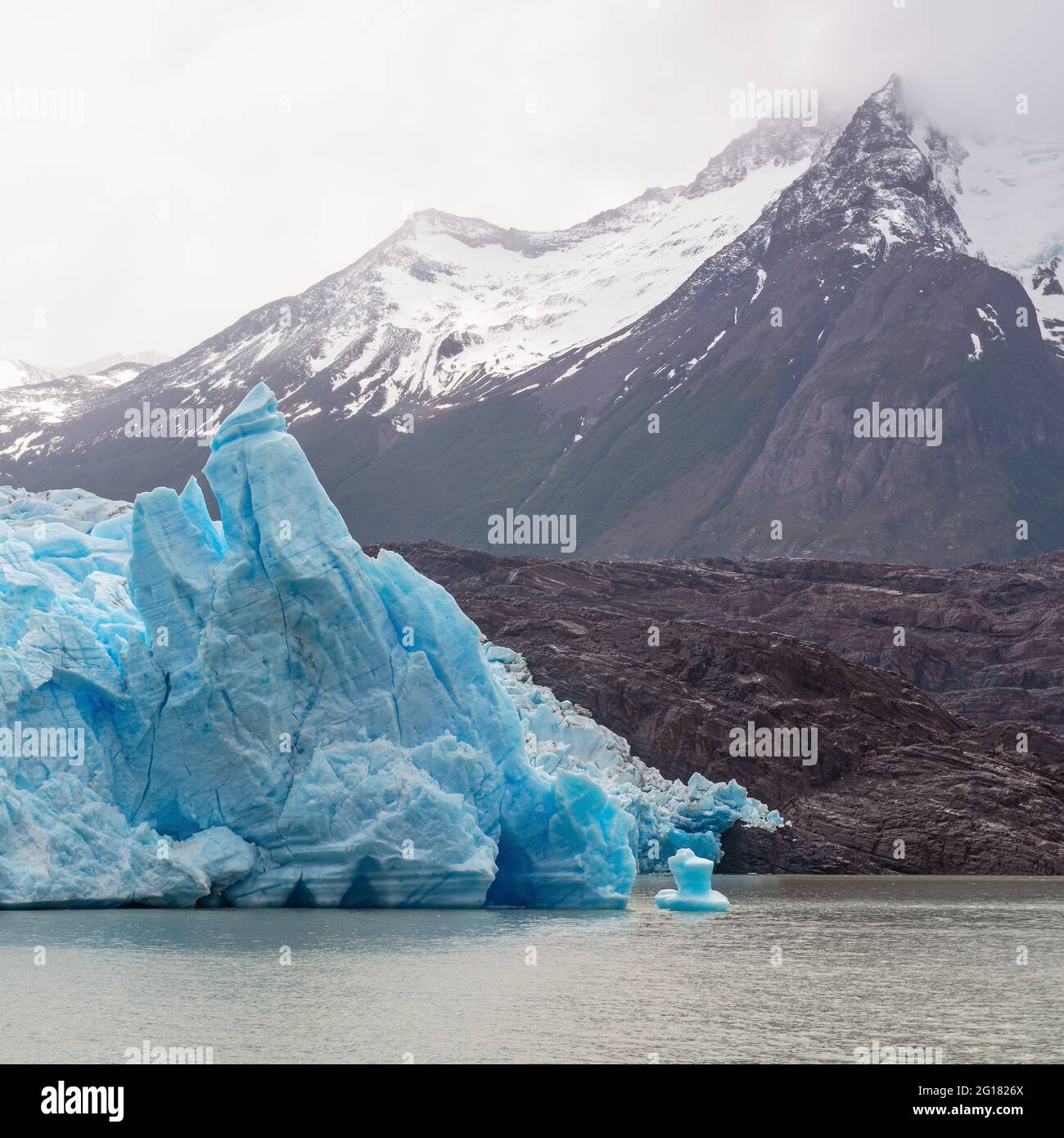 Square format Grey Glacier in winter with Andes mountain peaks, Torres del Paine national park, Patagonia, Chile. Stock Photo