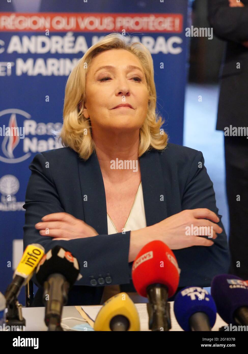 Marine Le Pen, President of RN (Rassemblement National), attends press conference, Saint-Chamond, Loire, AURA region, France, June 3 2021 Stock Photo