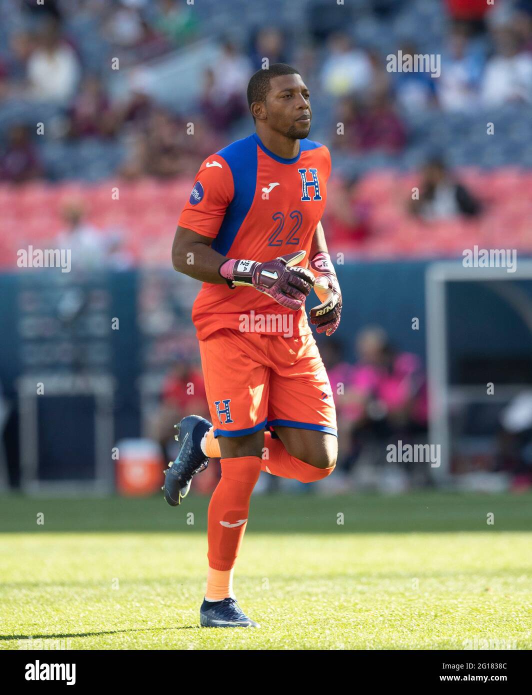 Denver, Colorado, USA. 3rd June, 2021. Honduras Goalie LUIS LOPEZ runs to his goal at the start of the match between team USA Wed. Night at Empower Field at Mile High. Credit: Hector Acevedo/ZUMA Wire/Alamy Live News Stock Photo