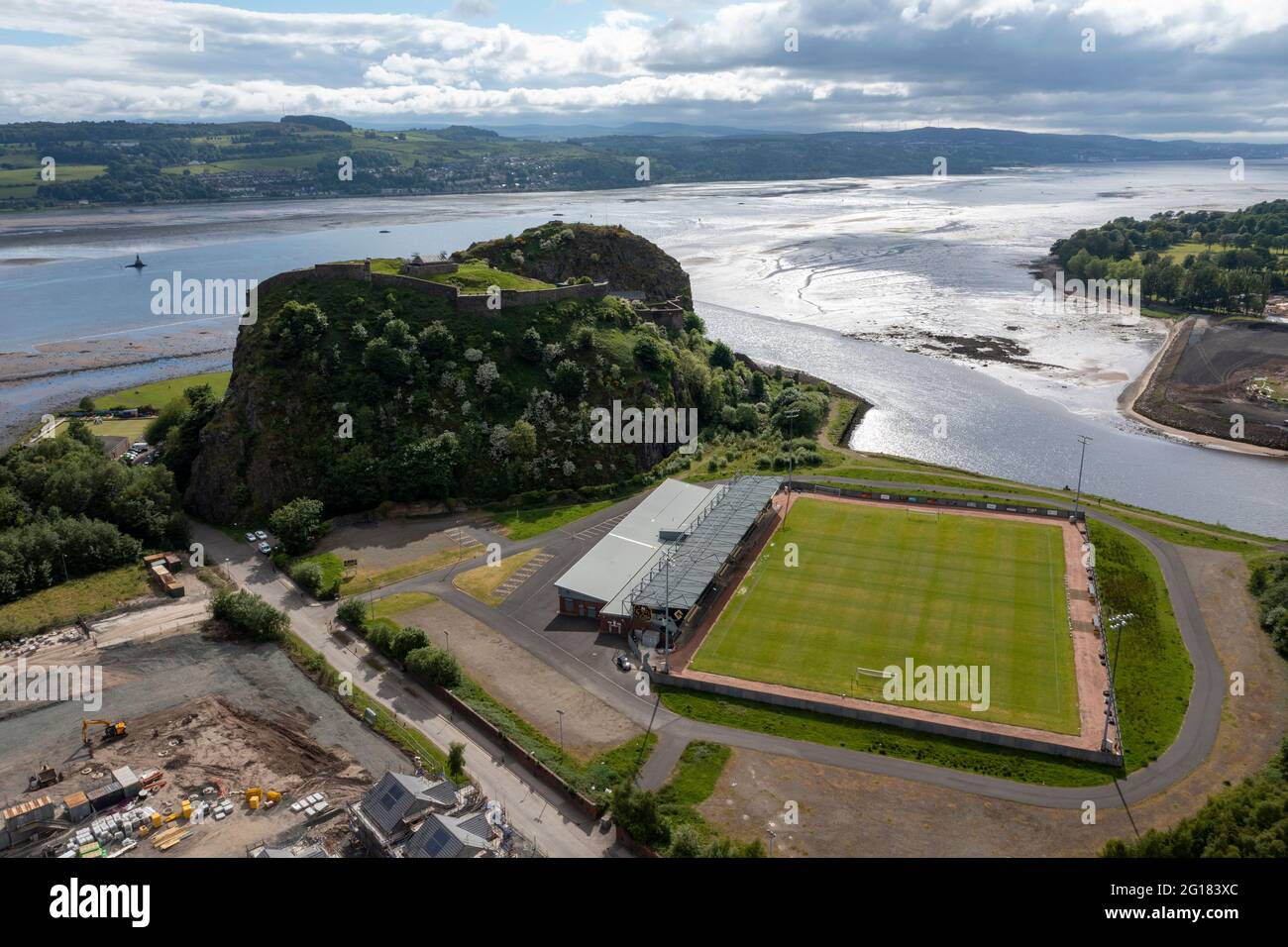 Aerial view of the C&G Systems Stadium, home of Dumbarton Football club with Dumbarton Rock overlooking the stadium. Stock Photo