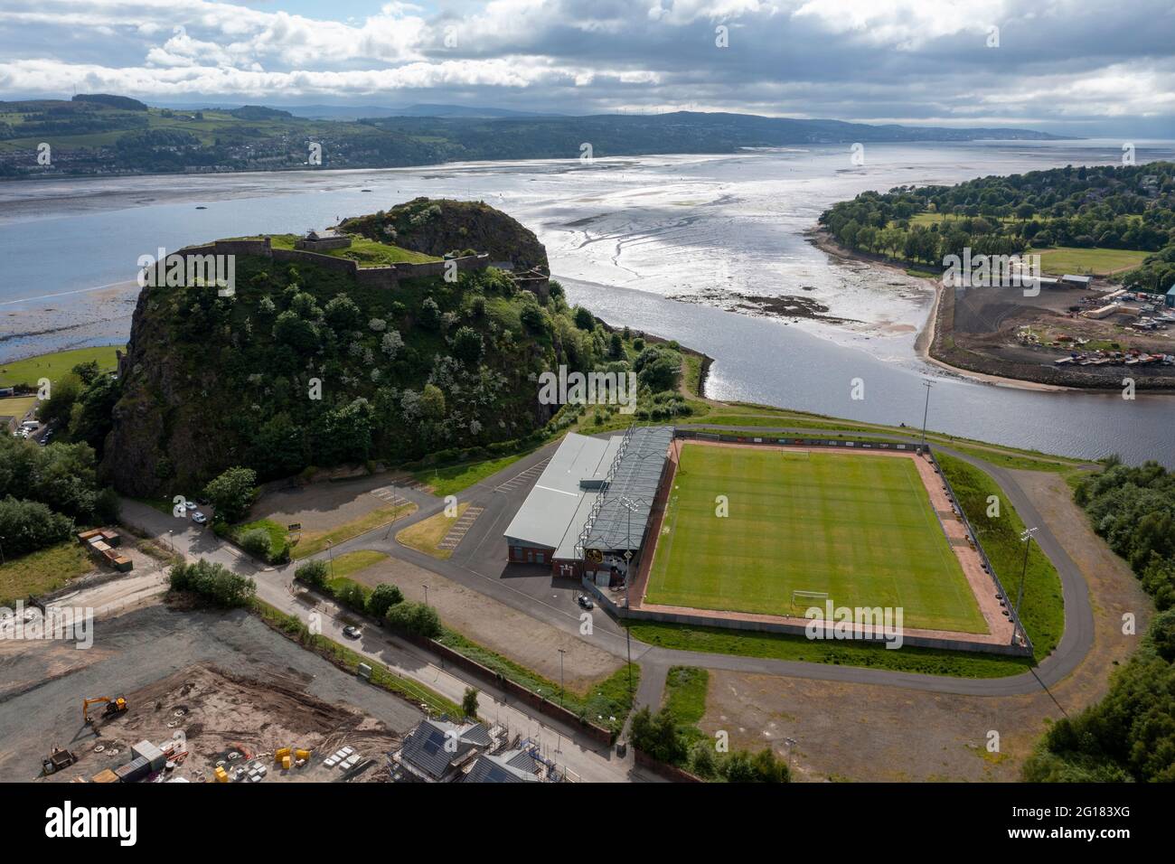 Aerial view of the C&G Systems Stadium, home of Dumbarton Football club with Dumbarton Rock overlooking the stadium. Stock Photo