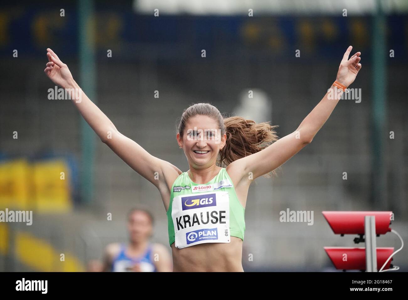 Brunswick, Germany. 05th June, 2021. Athletics: German Championships, decision, women's 3000 m steeplechase. Gesa Felicitas Krause is happy about her victory. Credit: Michael Kappeler/dpa/Alamy Live News Stock Photo
