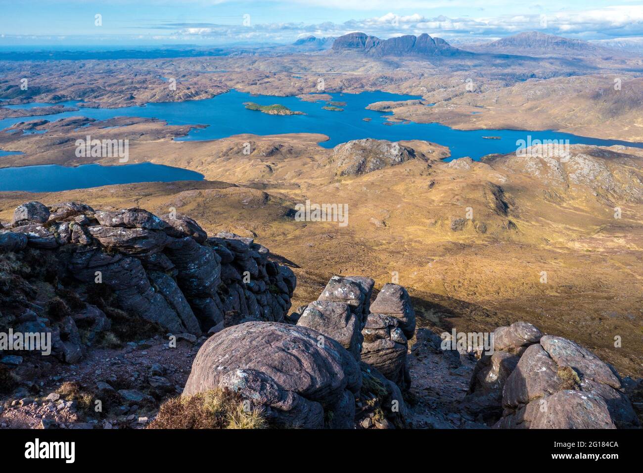 View across Loch Sionascaig to Suilven from Stac Pollaidh / Stac Polly - a mountain in Assynt in the North West Highlands of Scotland, UK Stock Photo