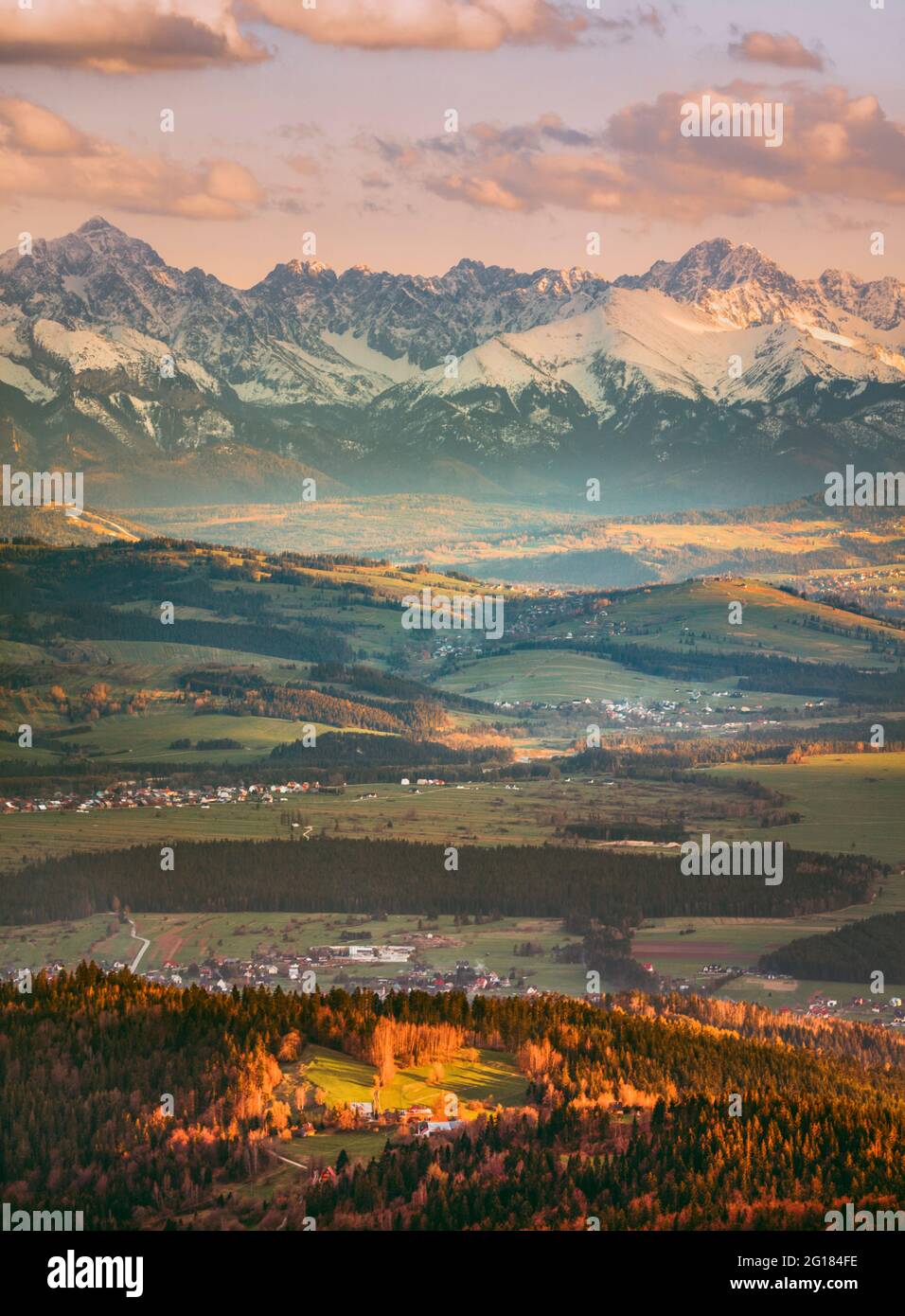 Tatra Mountains seen from Turbacz, Gorce National Park. Lesser Poland, Poland. Stock Photo