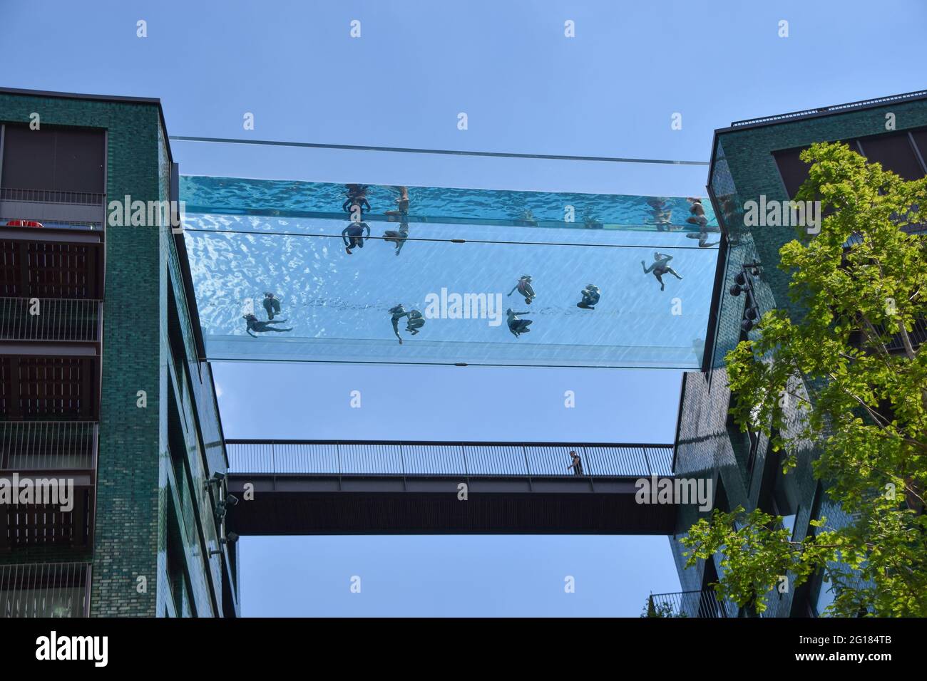 London Uk 05th June 21 People Are Seen Swimming In A Newly Opened Sky Pool In London A Completely Transparent Swimming Pool Suspended 35 Meters Above Ground Between Two Apartment Buildings Next